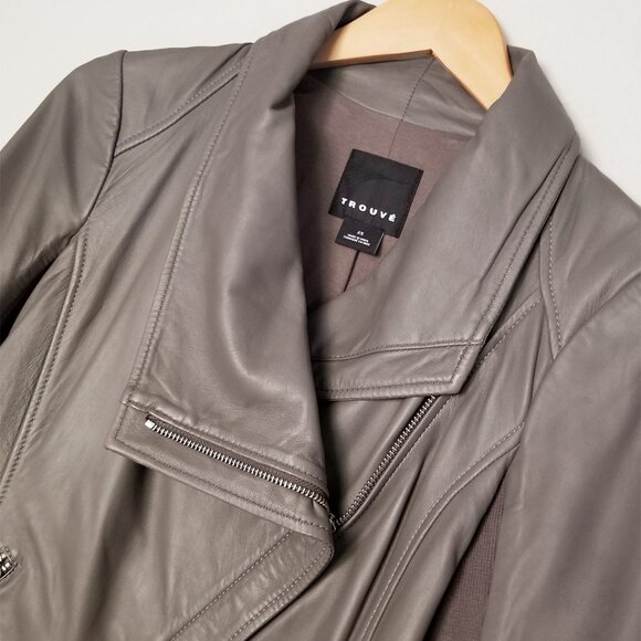 Trouve Asymmetric Drape-Front Soft 100% Genuine Leather Jacket Taupe Gray XS - Picture 7 of 16